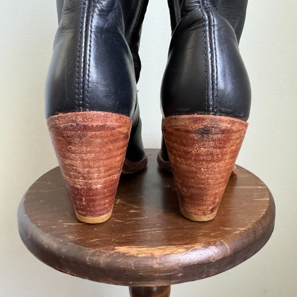 Frye Black Leather Stacked Heel Boots Vintage 1970s - Picture 10 of 14